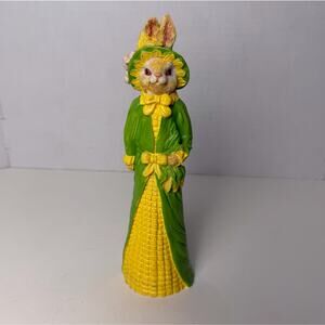 VTG 90s Harvest Bunny Figurine Corn Dress Rabbit Fall Decor Cottagecore 10"